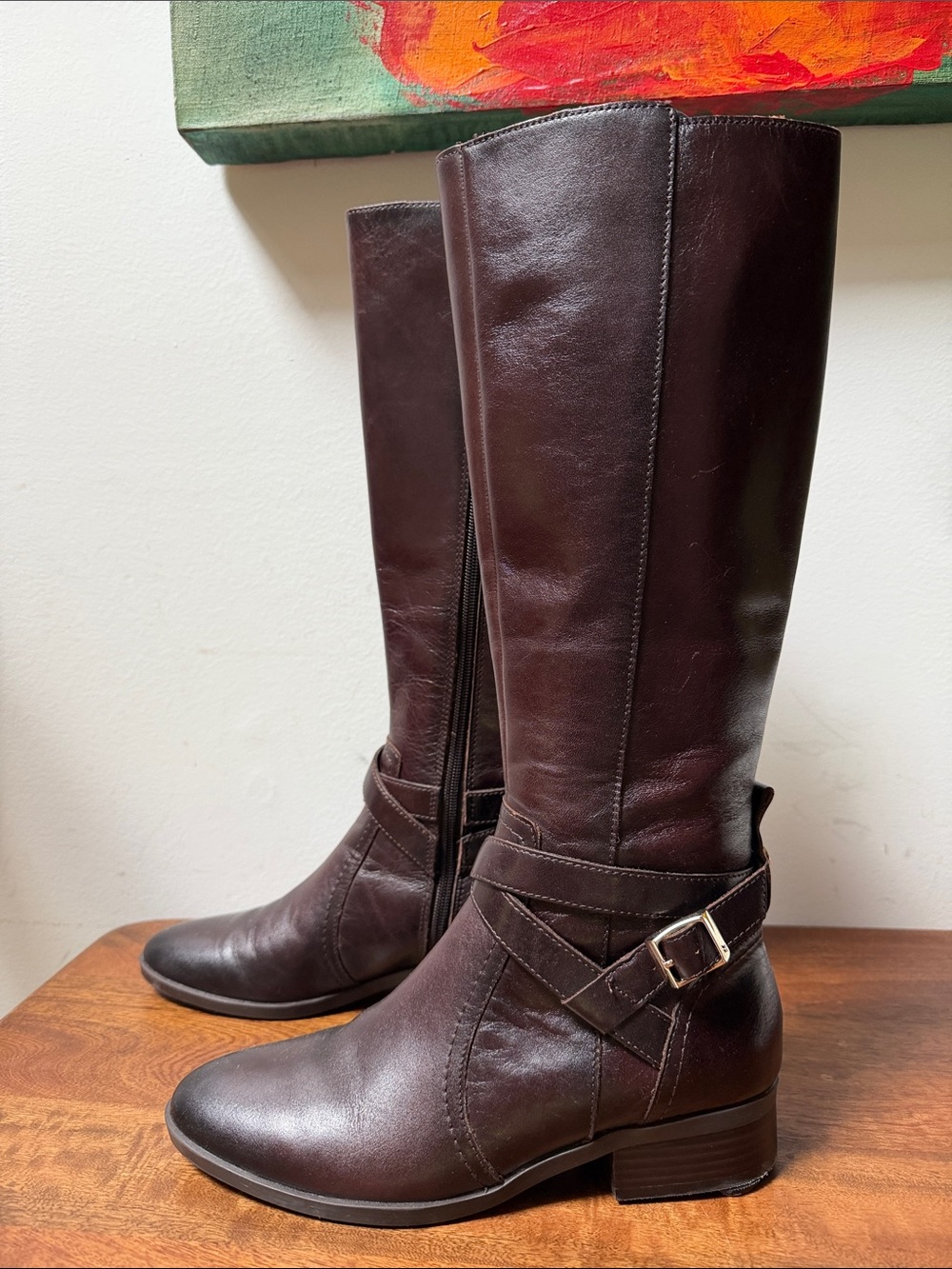 Naturalizer Women's Dark Brown Leather Knee-High Riding Boots with Buckle Detail